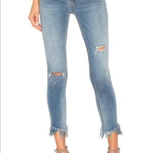 Free People High Rise Skinny Jeans Distressed Fringe Step Hem Blue 27